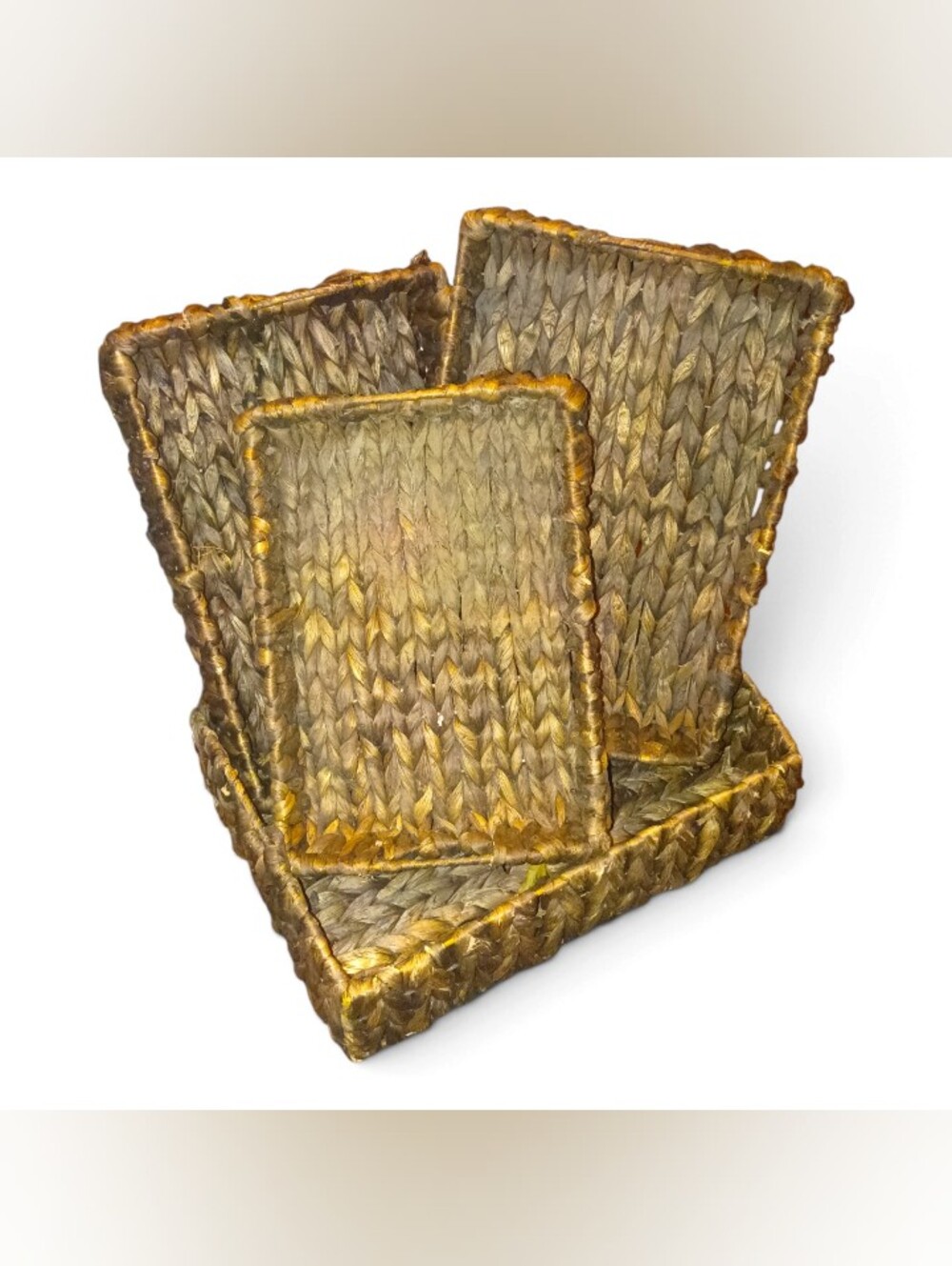 Woven Seagrass Organizer Set Of 4 Nesting 4Baskets W/Handles Natural dark Brown